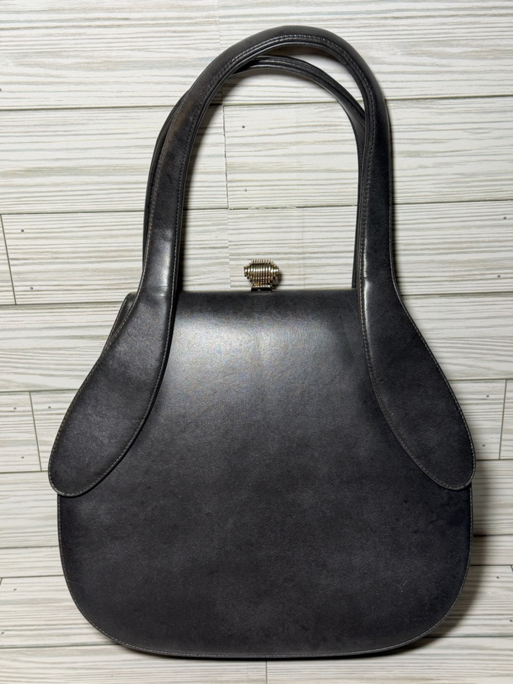 Vintage Francois Leather Handbag Black Top Handle Frame Bag Mid Century
